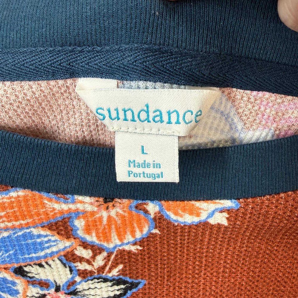 Sundance Floral Waffle Knit Thermal Top Rust Brown Velvet Button Cuff Large - Picture 4 of 7